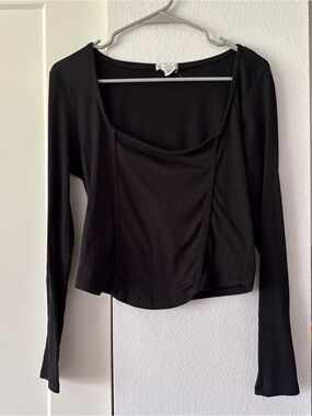 Love Black Ribbed Long-Sleeve Square-Neck Top